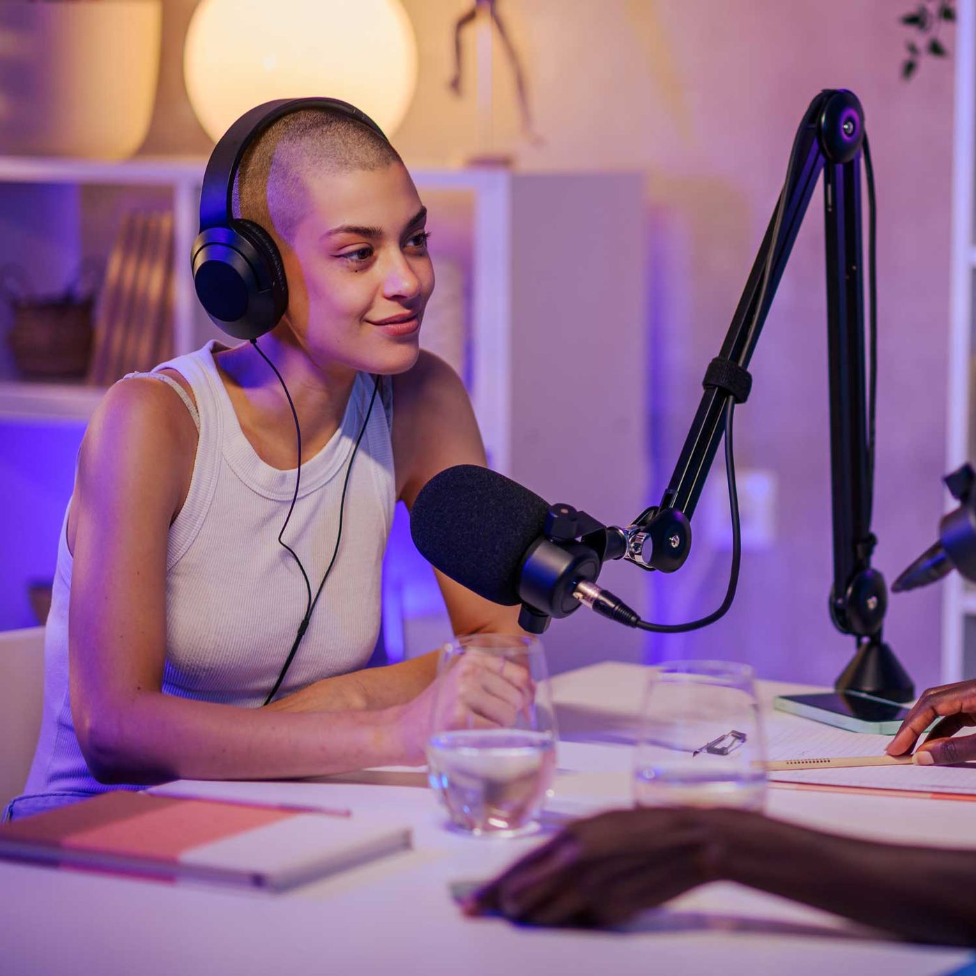 A podcast guest recording in a home studio